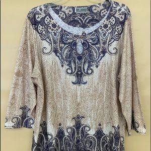 JM Collection 1X blue/beige printed stretch tunic top w/chiffon 3/4 sleeve & hem